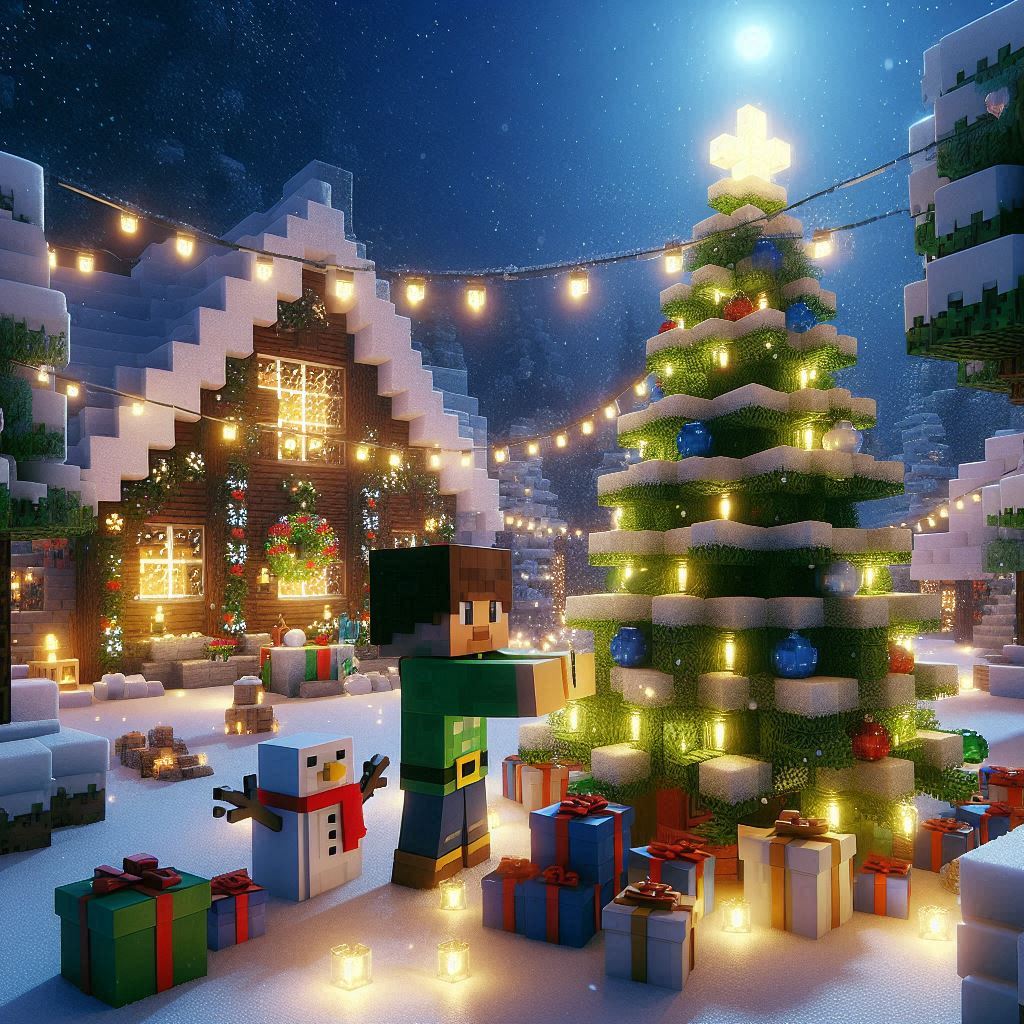 Un personatge de Minecraft col·locant decoracions nadalenques en un poble cobert de neu. Al voltant hi ha un gran arbre de Nadal il·luminat i alguns regals dispersos. L’escena té llums i motius nadalencs, creant una atmosfera festiva i acollidora amb un fons nevat i tranquil.