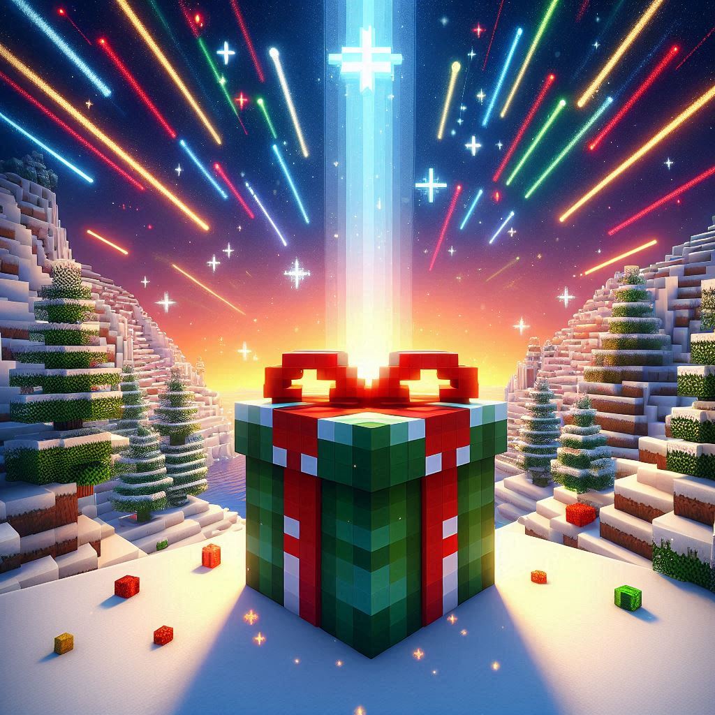 aixa de regal de Nadal en estil Minecraft, envoltada de neu i arbres de Nadal, amb una explosió de llums de colors brillants que s'eleva des de la part superior del regal. La caixa de regal està decorada amb un llaç vermell i verd, i petits regals de diferents colors es poden veure al voltant. El paisatge de fons inclou muntanyes cobertes de neu, creant una atmosfera festiva i màgica.