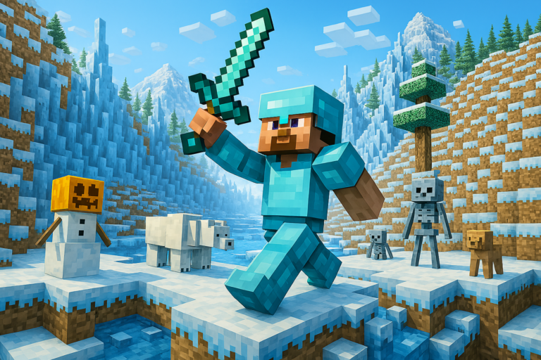 Escena invernal de Minecraft con personajes en un paisaje nevado, imagen del Torneo de Minecraft de Invierno 2026 en ClaveTIC
