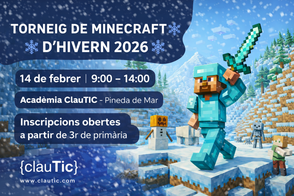 Cartell del Torneig de Minecraft d’Hivern 2026 a l’Acadèmia ClauTIC de Pineda de Mar