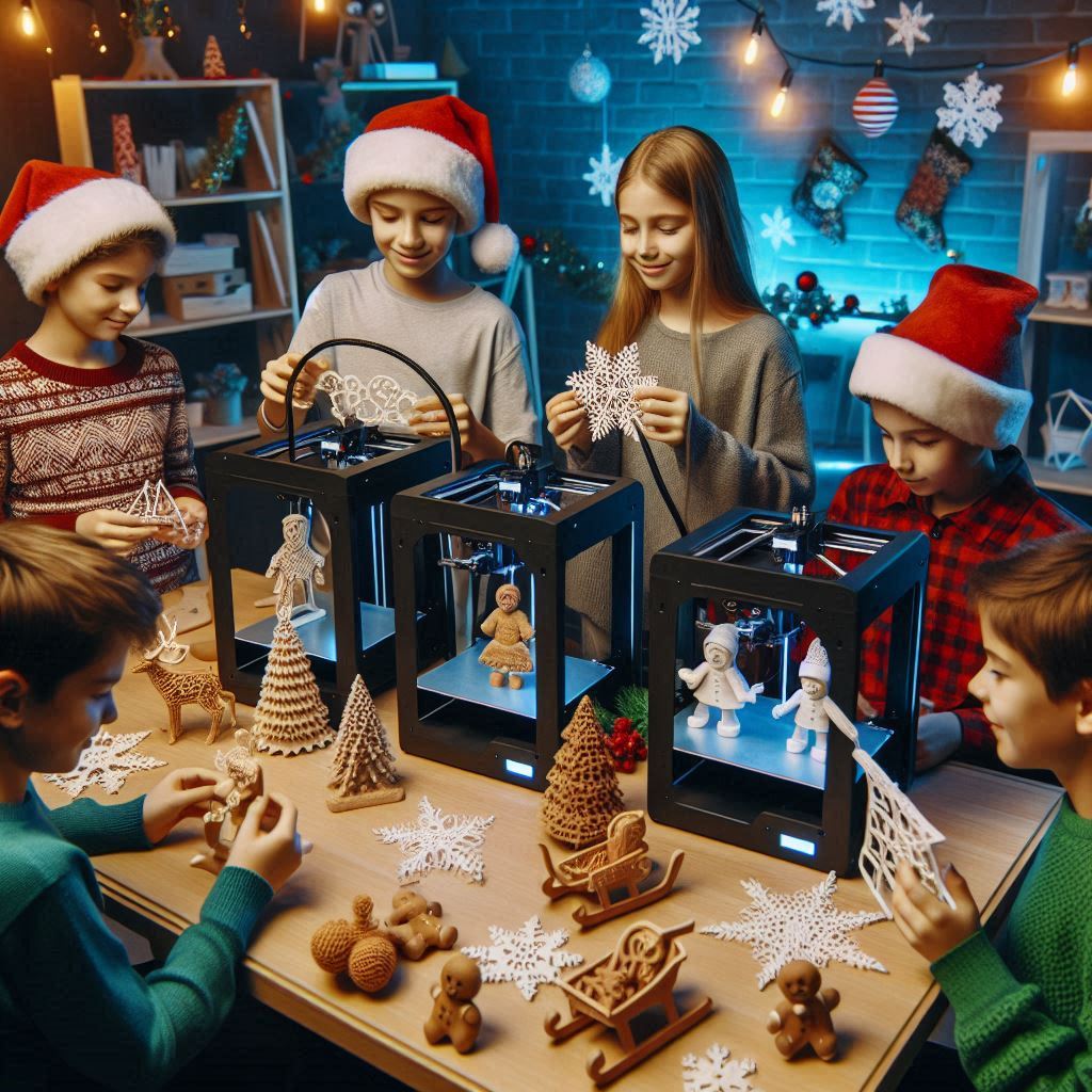 Un grup de nens i nenes treballant en una activitat d’impressió 3D amb temàtica nadalenca. Els nens estan dissenyant i imprimint figures nadalenques com trineus, boles de Nadal, tions i galetes de gingebre. Hi ha impressores 3D en acció i models de figures nadalenques a les taules. L'ambient és festiu, amb decoració de Nadal, llums, flocs de neu i garlandes al fons. Els nens estan contents i concentrats en les seves creacions, gaudint d'un Nadal tecnològic i únic.