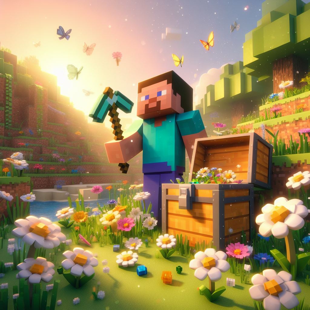 Un personatge de Minecraft amb un pic al costat d’un cofre del tresor obert en un paisatge vibrant i colorit ple de flors.