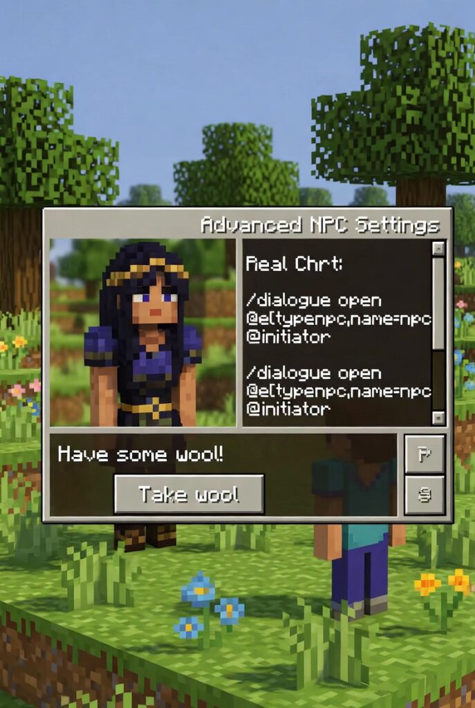 Avatar programant un NPC al Campus de Minecraft d'Estiu. Es mostra la finestra de diàleg de l'NPC amb el text "Have some wool!" i la finestra Advanced NPC Settings amb comandaments reals de Minecraft Education. Representa l'activitat del Dijous: programació i lògica avançada amb NPCs.