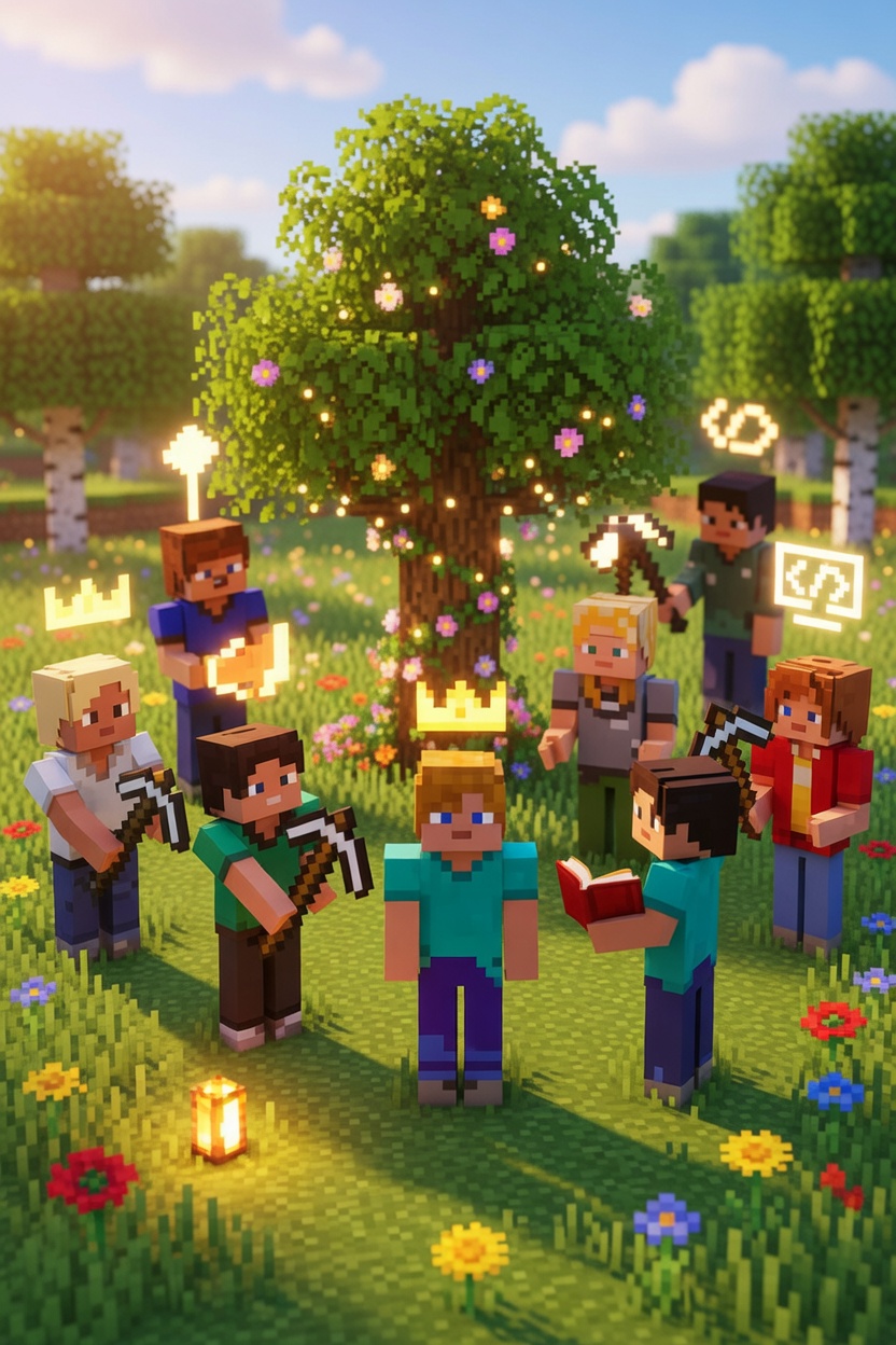 Aquí tens una proposta de text alt (alt text) ben optimitzada per a la imatge de l’estiu del Dilluns: Text alt recomanat (el millor): "Grup d'avatars i estudiants de Minecraft reunits en cercle en un paisatge estiuenc verd i florit, amb un gran arbre decorat al fons. Representa el Dilluns del Campus de Minecraft d'Estiu: Introducció i assignació de rols. Ambient alegre i acollidor amb icones de rols (constructor, programador, decorador) sobre els personatges.