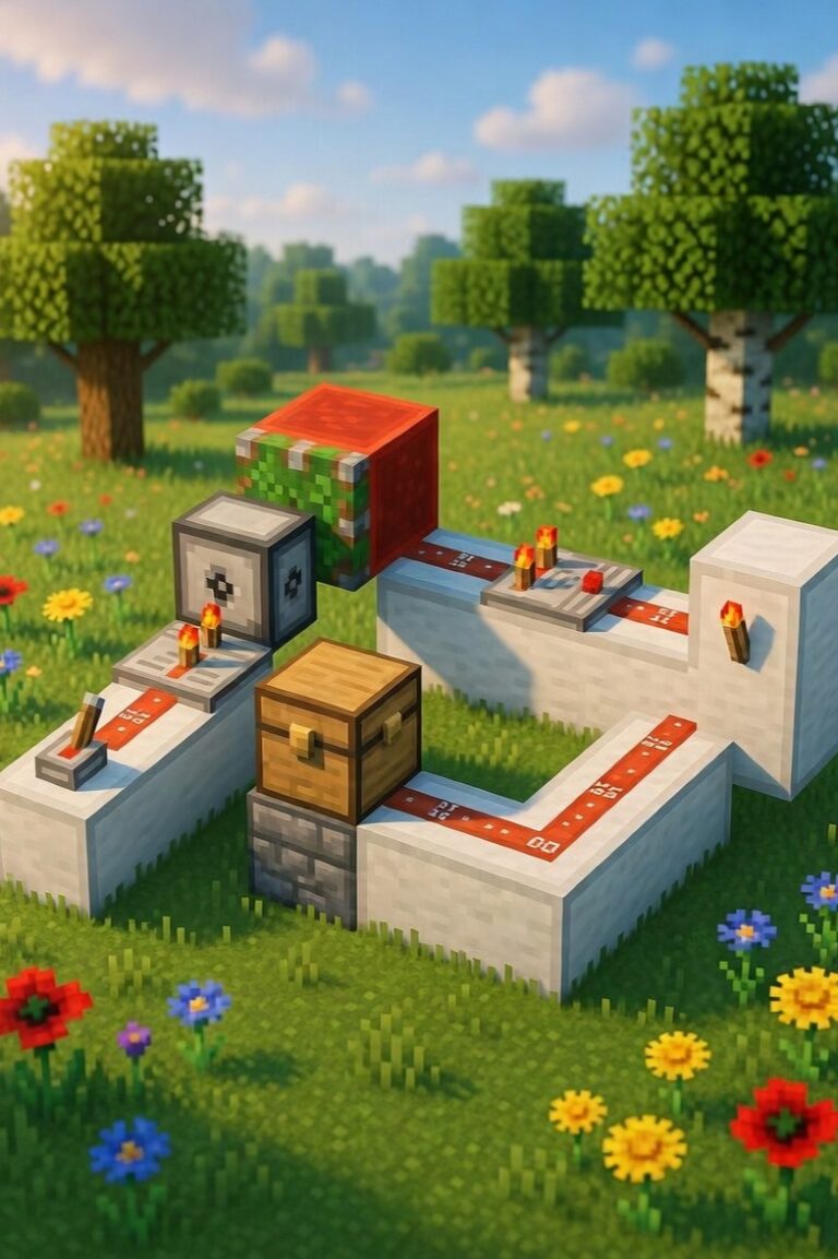 Circuit de redstone educatiu al Campus de Minecraft d'Estiu. Es mostra un mecanisme construït amb pols de redstone, repetidors, comparadors, torxes i pistons sobre un prat verd ple de flors. Representa l'activitat del Dimarts: aprenentatge de circuits i automatitzacions amb redstone.