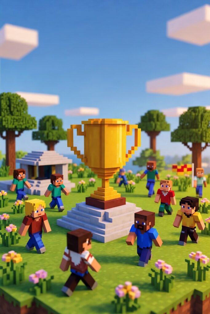 Gran trofeu daurat al centre de la competició final del Campus de Minecraft d'Estiu. Diversos equips d'avatars celebrant i participant en proves de construcció, gincana i cerca i captura en un prat verd estiuenc. Representa el Divendres: dia de la gran competició on tots els equips lluiten per la victòria posant en pràctica tot el que han après durant la setmana.