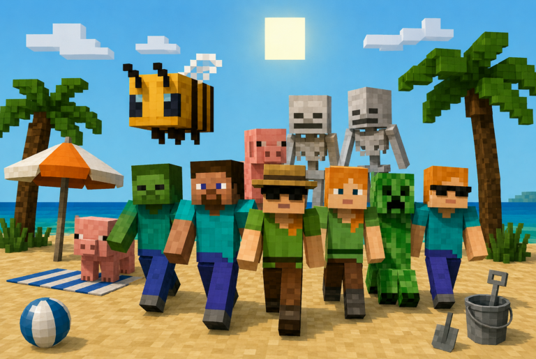 Imagen al estilo Minecraft con varios personajes y criaturas caminando por una playa de verano, con palmeras, mar, sol y elementos del juego como una abeja, esqueletos, zombis, creepers y cerdos.