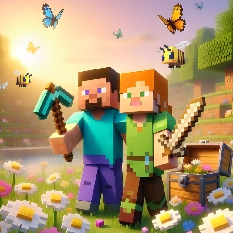 Dos personatges de Minecraft envoltats de flors, papallones i abelles en un prat primaverenc, imatge del Torneig de Minecraft de Primavera 2026 a ClauTIC
